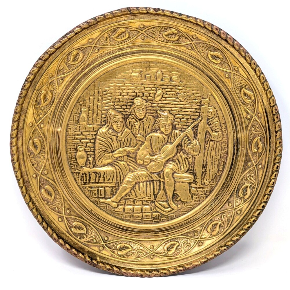 Vtg Hammered Brass Wall Plate 10" | Musicians Minstrels Tavern | Lombard England